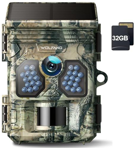 WOLFANG Solar Wildkamera 4K 48MP, Jagdkamera mit hervorragender Nachtsicht, Duale Stromversorgung, 0.1s Auslösezeit, IP66 Wasserdicht für Wildlife Monitoring mit U3 32GB Micro SD Karte von WOLFANG