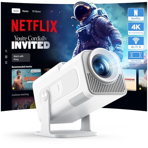 WOLFANG 4K Mini Beamer mit Offiziellem Netflix, 26000 Lumen WiFi 6 Smart Projektor mit 50% Zoom & Trapezkorrektur, 180° Drehbarer Heimkino Beamer Kompatibel mit TV Stick/iOS/Android/PC/PS5/HDMI/AV von WOLFANG