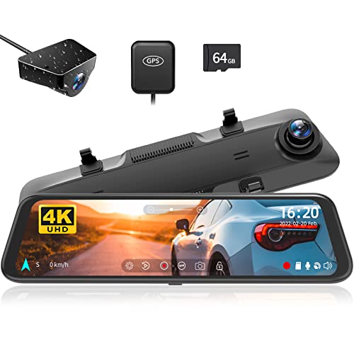 WOLFBOX 12'' G850 4K Spiegel Dashcam mit Rückfahrkamera, Dual Dash Cam Spiegel Auto Vorne und Hinten, Super Nachtsicht, Parküberwachung, Rückfahrhilfe, Einschließlich 64 GB-Karte & GPS von WOLFBOX