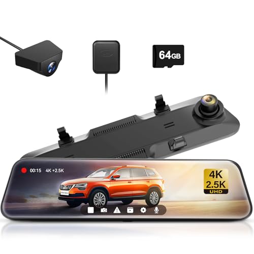 WOLFBOX Dashcam 4K + 2,5K für Rückspiegel: Front- und Rückspiegel Dashcam für Auto mit 12 Zoll Bildschirm, WDR Kamera, Nachtsicht, 64GB Karte und gratis GPS von WOLFBOX