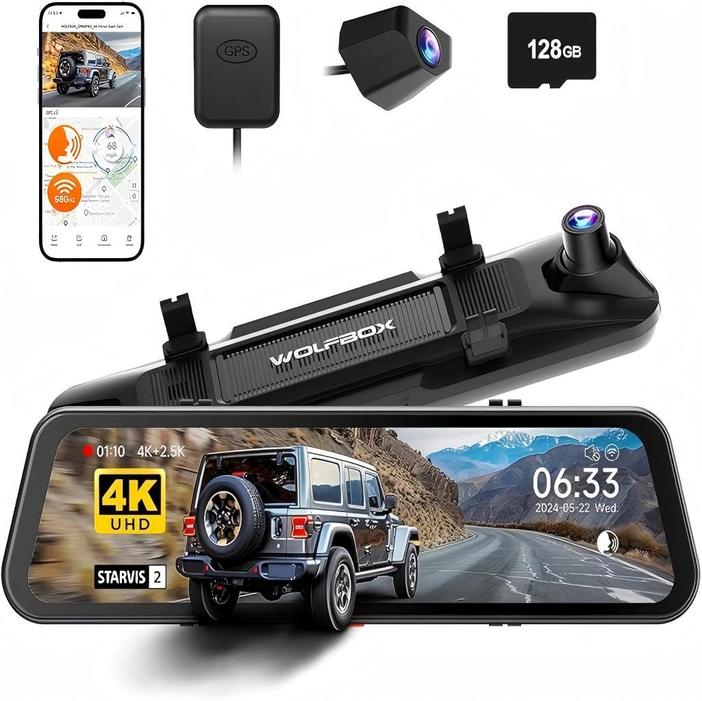 WOLFBOX G900 PRO Spiegel Dashcam mit STARVIS 2 IMX678, G-Sensor & GPS Dashcam (WLAN (Wi-Fi), App-Steuerung, Touchscreen, eingebautes Display, eingebautes WiFi) von WOLFBOX