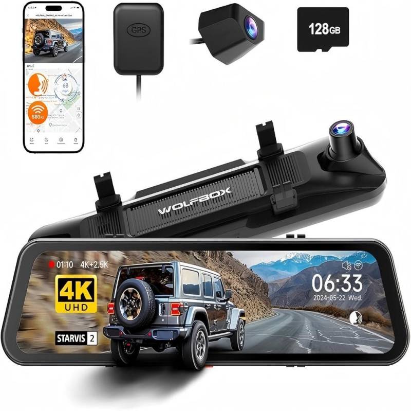 WOLFBOX G900 PRO Spiegel Dashcam mit STARVIS 2 IMX678, G-Sensor & GPS Dashcam (WLAN (Wi-Fi), App-Steuerung, Touchscreen, eingebautes Display, eingebautes WiFi) von WOLFBOX