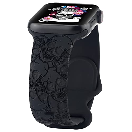 Silikonband mit Gravur, Totenkopf, kompatibel mit Apple Watch, 38 mm, 40 mm, 41 mm, niedliches, ausgefallenes Sportarmband mit Laserdruck, kompatibel mit iWatch Serie 7, 6, 5, 4, 3, 2, 1 SE, Schwarz, Silikonband mit Gravur, Totenkopf, kompatibel mit Apple Watch, 38 mm, 40 mm, 41 mm, niedliches, ausgefallenes Sportarmband mit Laserdruck, kompatibel mit iWatch Serie 7, 6, 5, 4, 3, 2, 1 SE, Schwarz, von WONFAITH