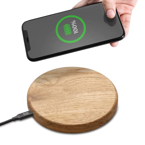 Wood Stories Induktive Ladestation Disk Holz Oak 15W Hochwertiges Holz Qi Ladestation für Air Pods iPhone Samsung Xiaomi Huawei LG Motorola | Kabel 150 cm von WOOD Stories