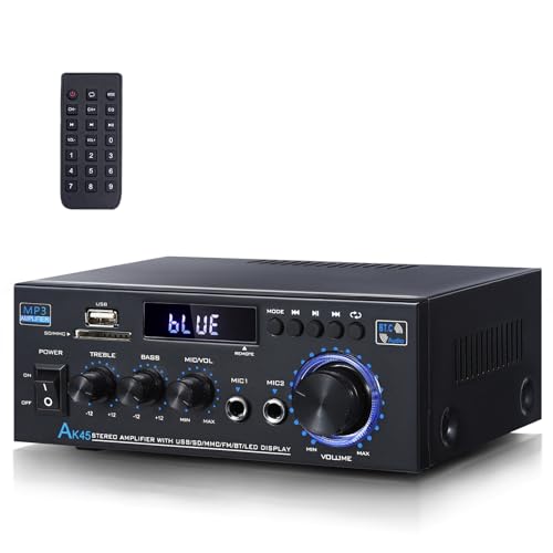 AK45 HiFi-Verstärker Stereo Amplifier 40W X 2 Mini Audio Receiver Verstärker 2 Kanal Bluetooth 5.0 Power Amplifier Digital Hifi Stereo Verstärker Endstufe mit USB, SD, FM, RCA für Zuhause oder Auto von WOOPKER