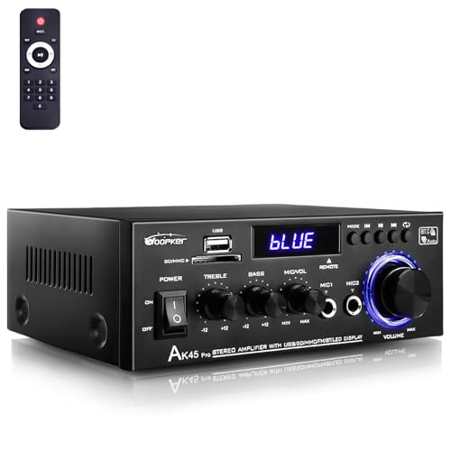HiFi Verstärker - WOOPKER AK45 Pro Verstärker HiFi Stereo 500 Watt, 2 Kanal Mini Verstärker Audio Receiver mit w/UKW-Radio, USB/SD/AUX/RCA/MIC In,12V 220V Bluetooth Verstärker für Lautsprecher von WOOPKER