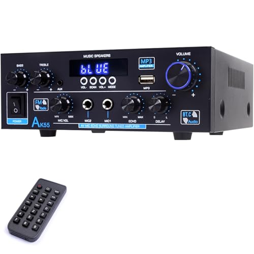 WOOPKER AK55 Audio Amplifier Bluetooth 5.0 HiFi Audio Receiver Mini HiFi Stereo Amp Integrated Receiver mit USD, SD, AUX, MIC IN mit Echo, Radio, LED Für Karaoke, Heimkino (AK55) von WOOPKER