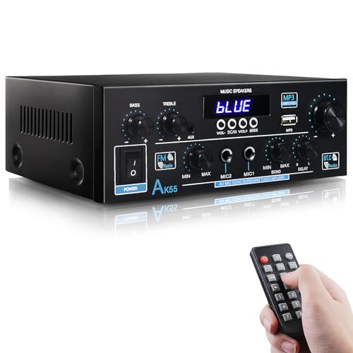 AK55 HiFi Verstärker mit Bluetooth 5.0,70W X2 Mini Verstärker HiFi Stereo,2 Kanal Audio Verstärker Receiver w/UKW-Radio,RCA,AUX,USB-Karteneingang, für Zuhause, Studio von WOOPKER