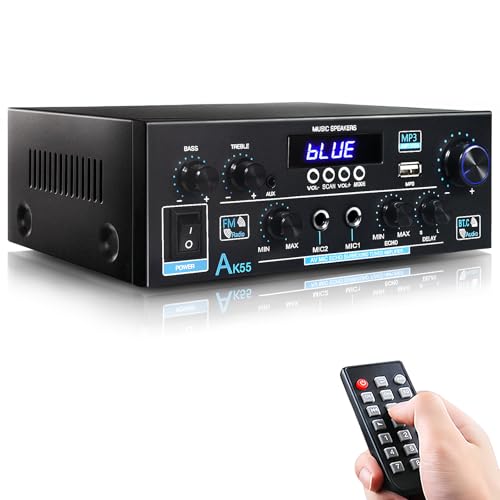 WOOPKER AK55 HiFi-Verstärker mit Bluetooth 70W x2 Mini Verstärker Heimkino Stereo Verstärker av Receiver Höhen und Bässe mit USB/RCA/MIC/FM von WOOPKER