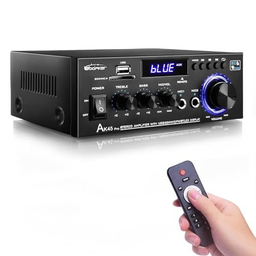 WOOPKER HiFi-Verstärker AK45 Pro Mini Bluetooth 5.0 Stereo Verstärker Amplifier 2 Kanäle Audioverstärker av Receiver Höhen und Bässe mit USB/RCA/MIC/FM Radio von WOOPKER