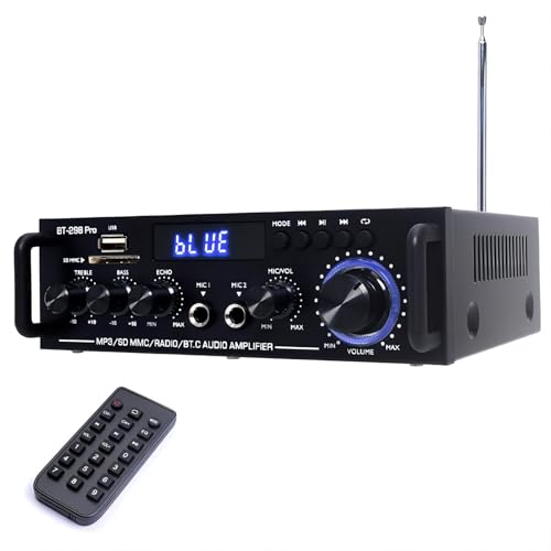 WOOPKER HiFi-Verstärker mit Bluetooth 5.0 Mini Verstärker Heimkino-Stereo-Receiver Höhen und Bässe mit USB/RCA/MIC/FM (BT-298 pro) von WOOPKER