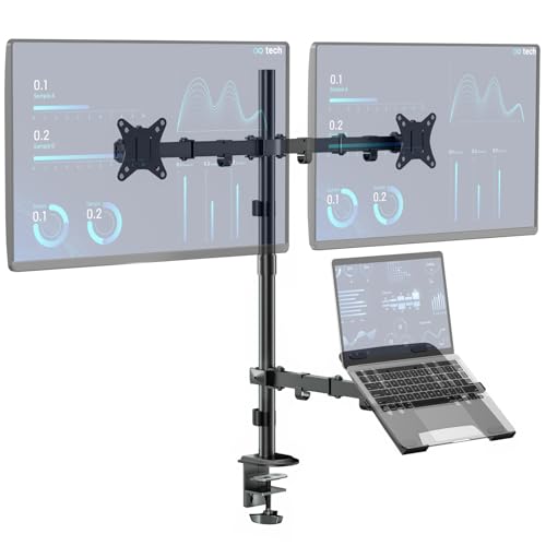 WORLDLIFT Dual Monitor Halterung mit Laptop Ständer für Two 17-32 Zoll LCD LED Bildschirm and 10-15 Zoll Laptop,Extra hoher Verstellbarer Ständer,Max 9kg pro Arm,Vesa 75x75/100x100mm,Schwarz von WORLDLIFT