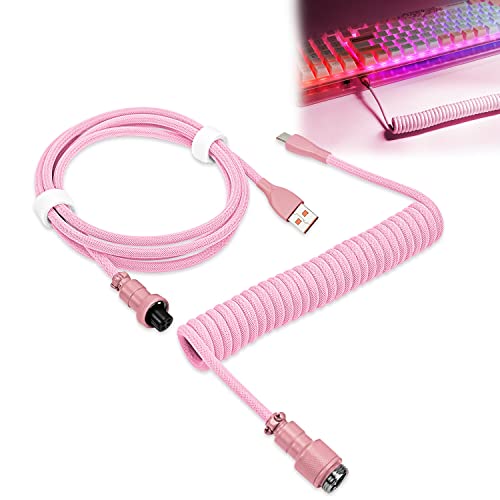 WOWLED Spiral-Tastaturkabel, Pro Custom Coiled USB C Kabel für Gaming Tastatur, Doppelhülse Mechanisches Tastaturkabel mit abnehmbarem Metallflieger, 1,8 m USB-C auf USB-A (Rosa) von WOWLED