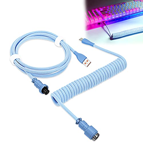 WOWLED Spiral-Tastaturkabel, Pro Custom Coiled USB C Kabel für Gaming Tastatur, Doppelhülse Mechanisches Tastaturkabel mit abnehmbarem Metallflieger, 1,8 m USB-C auf USB-A (blau) von WOWLED