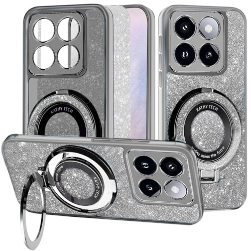 WOWUDI Handyhülle für Xiaomi 14T Pro Hülle Glitzer Bling Sparkle,Schutzhülle Case Silikon mit Ring Halter Transparent Weich TPU Stoßfest Luxury 2 in 1 Cover- Grau von WOWUDI