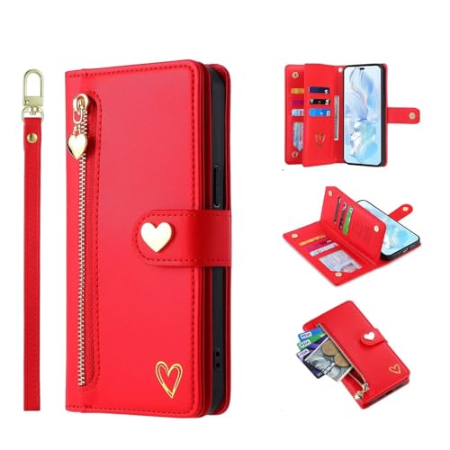 WOWUDI Hülle für Motorola Moto G85 5G,Premium PU Leder Handyhülle mit 9 Kartenfäche Leder Geldbörse Stoßfest Flip Case mit Handschlaufe Standfunktion Reißverschluss Handyhülle- rot von WOWUDI