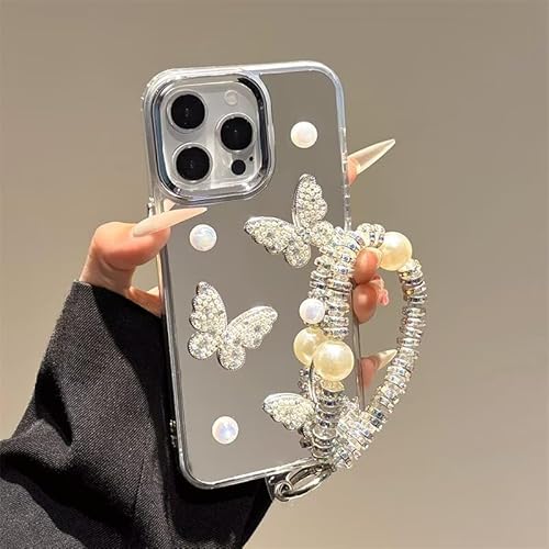 WOWUDI für iPhone 1lPro Hülle,Galvanisierte 3D Schmetterling Muster,Weich Silikon mit Mädchen Glitzer Kristall mit Süßes Chain Case + Perlenkette-Silber von WOWUDI