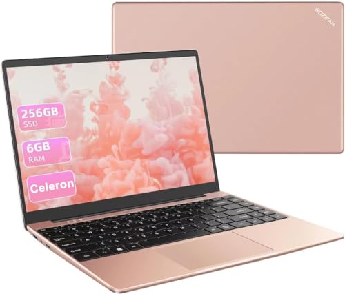 WOZIFAN Laptop 256GB Erweitert die 1TB SSD Win11 Notebook Intel (TF 512 GB) 14 Zoll 2.4G+5G WiFi 1080 FHD Bluetooth USB HDMI mit kabelloser Maus & Deutsche Silikon-Tastaturabdeckung-Rosa Gold von WOZIFAN