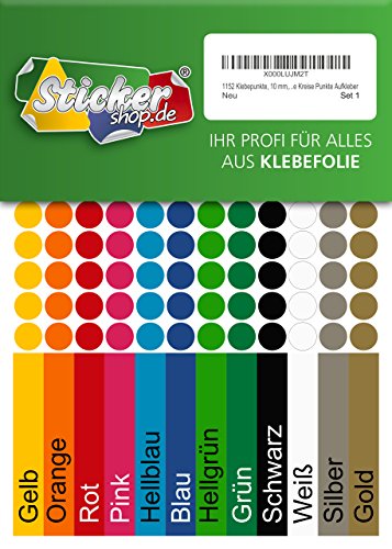 1152 Klebepunkte, 10 mm, je 96 Stück in 12 Farben, aus PVC Folie, wetterfest, Markierungspunkte Kreise Punkte Aufkleber 1152 Klebepunkte, 10 mm, je 96 Stück in 12 Farben, aus PVC Folie, wetterfest, Markierungspunkte Kreise Punkte Aufkleber von WP Klebepunkte 10 mm