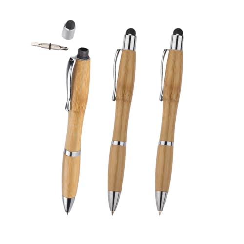 WPRO 3er Set Bambus-Touchpen-Kugelschreiber mit Schraubendreher Arno | Eingabe-Stift | Tablet & Smartphone | Touch-Screen | Stylus-Pen Spitze | Multitool 3in1 | Geschenk von WPRO