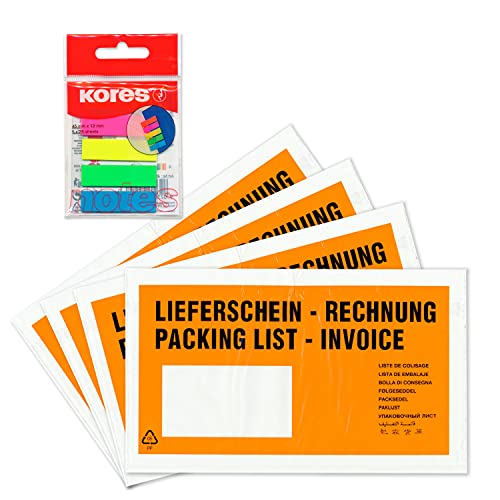 WPTrading - 1.000 x Lieferscheintaschen 225 x 120 mm DIN-LANG Orange "Lieferschein / Rechnung" inkl. 125 Page-Marker in 5 Farben - Dokumenten-Taschen selbstklebend - Begleitpapiertaschen für Versand von WPTrading