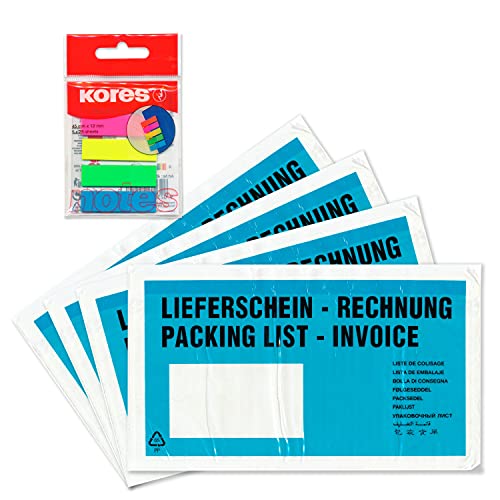 WPTrading - 1.000 x Lieferscheintaschen 225 x 120 mm DIN-LANG Türkis "Lieferschein / Rechnung" inkl. 125 Page-Marker in 5 Farben - Dokumenten-Taschen selbstklebend - Begleitpapiertaschen für Versand von WPTrading