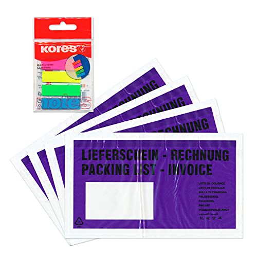 WPTrading - 1.000 x Lieferscheintaschen 225 x 120 mm DIN-LANG Violett "Lieferschein / Rechnung" inkl. 125 Page-Marker in 5 Farben - Dokumenten-Taschen selbstklebend - Begleitpapiertaschen für Versand von WPTrading