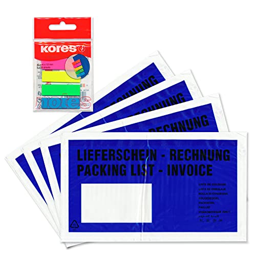 WPTrading - 1.000 x Lieferscheintaschen 225 x 120 mm in DIN-LANG Blau "Lieferschein / Rechnung" inkl. 125 Page-Marker in 5 Farben - Dokumenten-Taschen selbstklebend - Begleitpapiertaschen für Versand von WPTrading