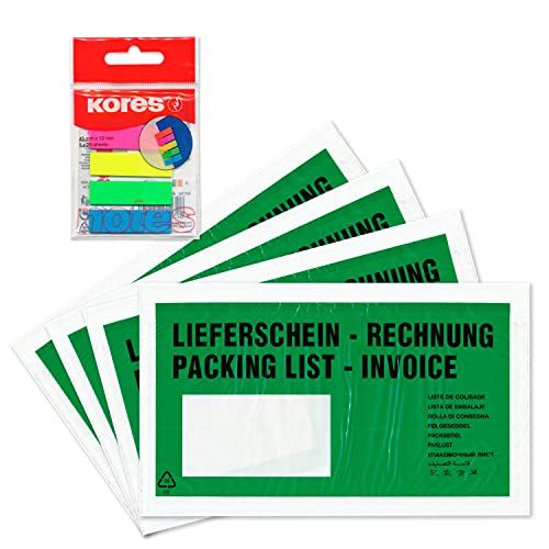 WPTrading - 1.000 x Lieferscheintaschen 225 x 120 mm in DIN-LANG Grün "Lieferschein / Rechnung" inkl. 125 Page-Marker in 5 Farben - Dokumenten-Taschen selbstklebend - Begleitpapiertaschen für Versand von WPTrading