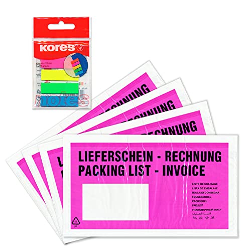 WPTrading - 1.000 x Lieferscheintaschen 225 x 120 mm in DIN-LANG Pink "Lieferschein / Rechnung" inkl. 125 Page-Marker in 5 Farben - Dokumenten-Taschen selbstklebend - Begleitpapiertaschen für Versand von WPTrading