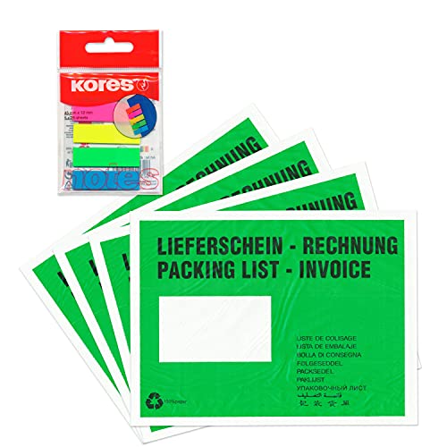 WPTrading - 1.000 x Lieferscheintaschen 225 x 165 mm DIN C5 Grün "Lieferschein/Rechnung" aus Pergamin-Papier inkl. 125 Page-Marker in 5 Farben - Dokumenten-Taschen Begleitpapiertaschen selbstklebend von WPTrading