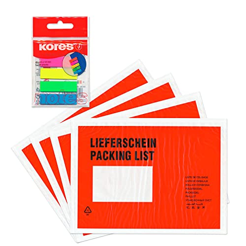 WPTrading - 250 x Lieferscheintaschen 225 x 165 mm in DIN C5 Rot "Lieferschein / Rechnung" inkl. 125 Page-Marker in 5 Farben - Dokumenten-Taschen selbstklebend, lang - Begleitpapiertaschen für Versand von WPTrading