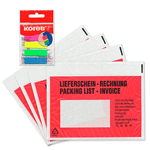 WPTrading - 500 x Lieferscheintaschen 310 x 240 mm DIN C4 Rot "Lieferschein/Rechnung" inkl. 125 Page-Marker in 5 Farben - Dokumenten-Taschen selbstklebend, lang - Begleitpapiertaschen für Versand von WPTrading
