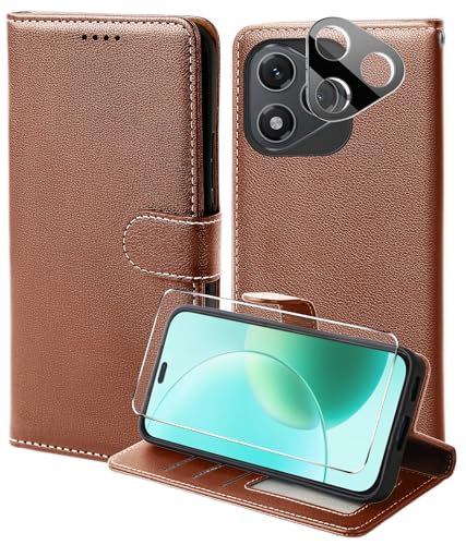 WQRTYJK Handyhülle für Honor 400 Lite 5G Hülle Mit 1 Stück Panzer Schutz Glas und Kamera Schutzfolie,RFID Blockierung,Premium PU Leder, Kartenfach, Ständer, Schutzhülle Klapphülle - Braun von WQRTYJK