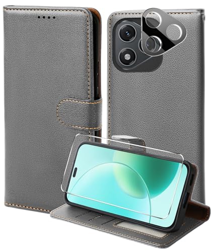 WQRTYJK Handyhülle für Honor 400 Lite 5G Hülle Mit 1 Stück Panzer Schutz Glas und Kamera Schutzfolie,RFID Blockierung,Premium PU Leder, Kartenfach, Ständer, Schutzhülle Klapphülle - Grau von WQRTYJK
