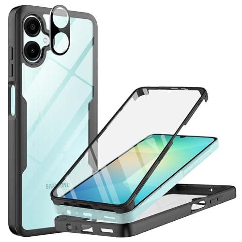 für Samsung Galaxy A06 Hülle, 360 Grad Robust Stoßfest Schutzhülle mit Eingebautem Displayschutz und Kamera Schutzfolie [9H HD], Case Transparent Panzerhülle Handyhülle, Schwarz von WQRTYJK