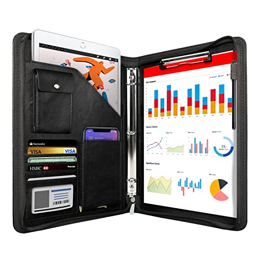 WRIYES Leder-Konferenzmappe mit Reißverschluss – Organizer mit 3-Ring-Mechanik, ideal für iPad, Dokumente, Handy & Visitenkarten – Professionelle Businessmappe für Damen und Herren (Schwarz) von WRIYES