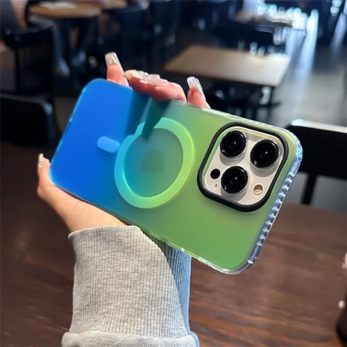 WSDSMS Farbverlaufshülle für iPhone 15 14 13 12 Pro Max 11 Magnetisches kabelloses Laden Bunte stoßfeste Luxushülle, Grün Blau, Für iPhone 14 von WSDSMS