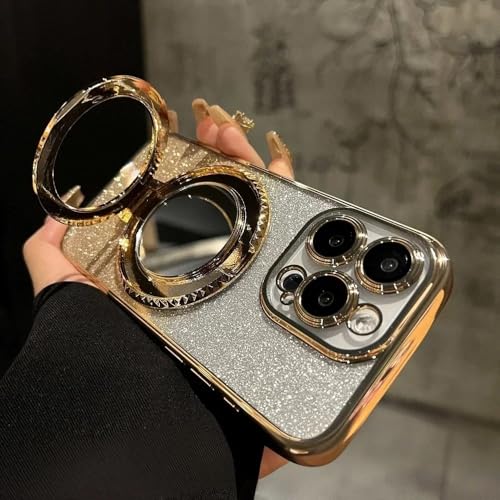 WSDSMS Luxuriöse Glitzerspiegel-Ständerhülle für iPhone 16 15 14 13 12 Pro Max 11 X Xr XsMax 7 8 Plus Halterung Farbverlauf Make-Up Beschichtungsabdeckung, Gold, Für iPhone 11 ProMax von WSDSMS