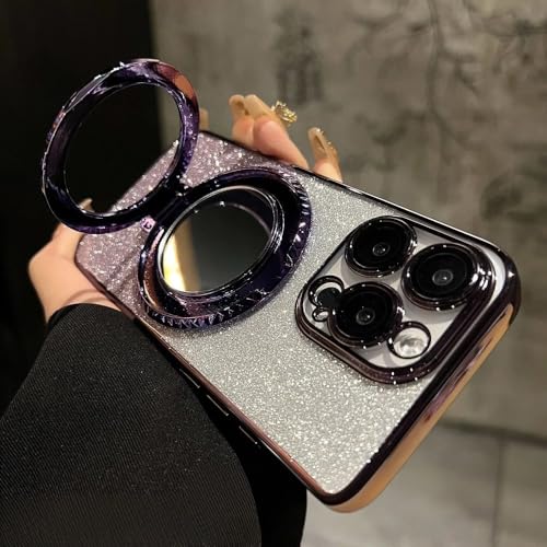 WSDSMS Luxuriöse Glitzerspiegel-Ständerhülle für iPhone 16 15 14 13 12 Pro Max 11 X Xr XsMax 7 8 Plus Halterung Farbverlauf Make-Up Beschichtungsabdeckung, Lila, Für iPhone 15 Pro von WSDSMS