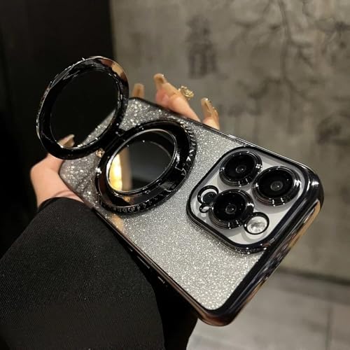 WSDSMS Luxuriöse Glitzerspiegel-Ständerhülle für iPhone 16 15 14 13 12 Pro Max 11 X Xr XsMax 7 8 Plus Halterung Farbverlauf Make-Up Beschichtungsabdeckung, Schwarz, Für iPhone 15 ProMax von WSDSMS