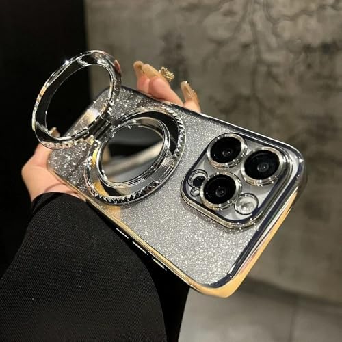 WSDSMS Luxuriöse Glitzerspiegel-Ständerhülle für iPhone 16 15 14 13 12 Pro Max 11 X Xr XsMax 7 8 Plus Halterung Farbverlauf Make-Up Beschichtungsabdeckung, Silber, Für iPhone 14 Pro von WSDSMS