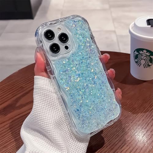 WSDSMS Niedliche Glitzerhülle mit Wellenrahmen für iPhone 14 13 11 12 Pro Max 6 7 8 Plus X XR XS Max Stoßfeste weiche Silikonhülle, Blau, Für iPhone 14 von WSDSMS