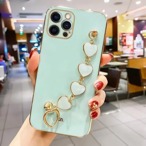 WSDSMS Plating Love Heart Armband Kettenhülle für iPhone 15 14 12 11 13 Pro Max X XS 13pro 14pro 7 8 Plus Stoßfeste Hülle, grün, für iPhone 15 von WSDSMS
