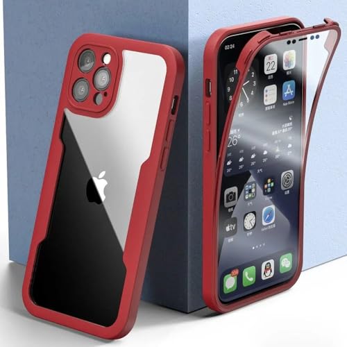 WSDSMS Stoßfeste, 360-Grad-klare Handyhülle für iPhone 15 13 12 14 11 Pro Max X XS XR 7 8 6 6S Plus Abdeckung Kameraobjektiv-Bildschirm Vollständiger Schutz, rot, für iPhone 12 Pro von WSDSMS