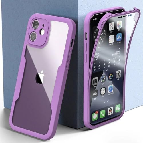 WSDSMS Stoßfeste 360-Grad-Telefonhülle für iPhone 15 13 12 14 11 Pro Max X XS XR 7 8 6 6S Plus Abdeckung Kameraobjektiv-Bildschirm Vollständiger Schutz, Lila, Für iPhone 14 von WSDSMS