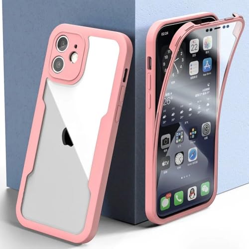 WSDSMS Stoßfeste 360-Grad-Telefonhülle für iPhone 15 13 12 14 11 Pro Max X XS XR 7 8 6 6S Plus Abdeckung Kameraobjektiv-Bildschirm Vollständiger Schutz, Pink, Für iPhone 12 von WSDSMS
