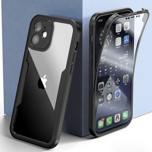 WSDSMS Stoßfeste 360-Grad-Telefonhülle für iPhone 15 13 12 14 11 Pro Max X XS XR 7 8 6 6S Plus Abdeckung Kameraobjektiv-Bildschirm Vollständiger Schutz, Schwarz, Für iPhone 15 von WSDSMS