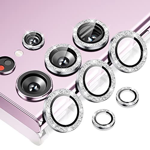 WSKEN Kameraschutz für Samsung Galaxy S23 Ultra Kamera Schutzfolie, Kratzfestes dünnes gehärtetes Glas mit Individuell Metallring Kamera Schutzfolie,Glitter Silver von WSKEN