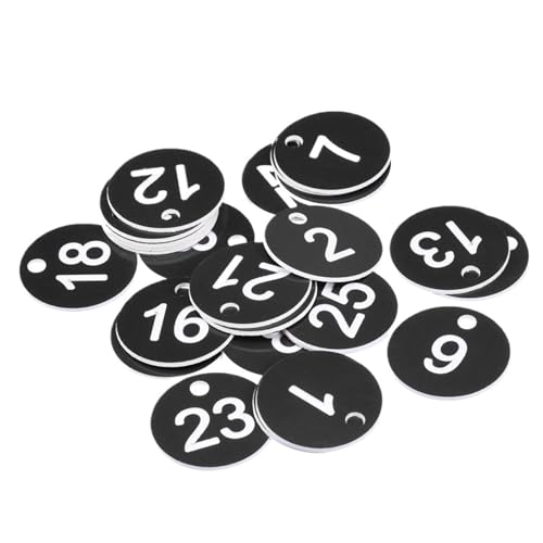 Runde Nummer Schlüsselanhänger 25 Stück 1-25 Nummernschilder Schlüsselanhänger Schilder Spind Label Gravierte ID-Tags for Kleidung Live Sale Dekoration Nummernschilder(Black) von WSQHAO